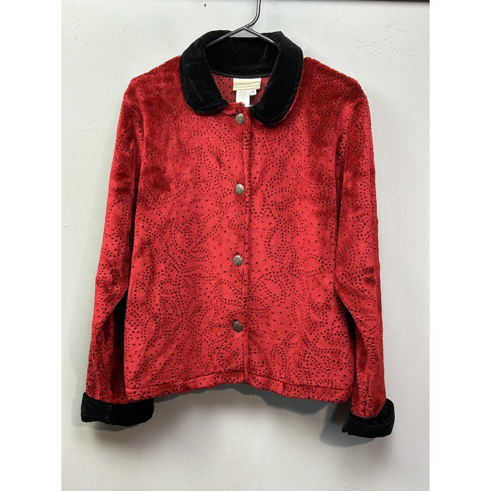Coldwater Creek Jacket Womens Medium Red Velour Paisley Velvet Collar Cuffs